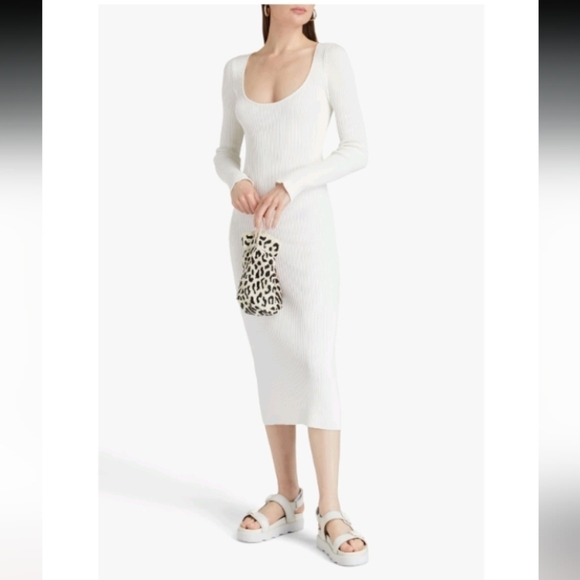 GANNI Melange knit scoop ribbed body cone midi dress in egret sz Xs - Picture 1 of 9